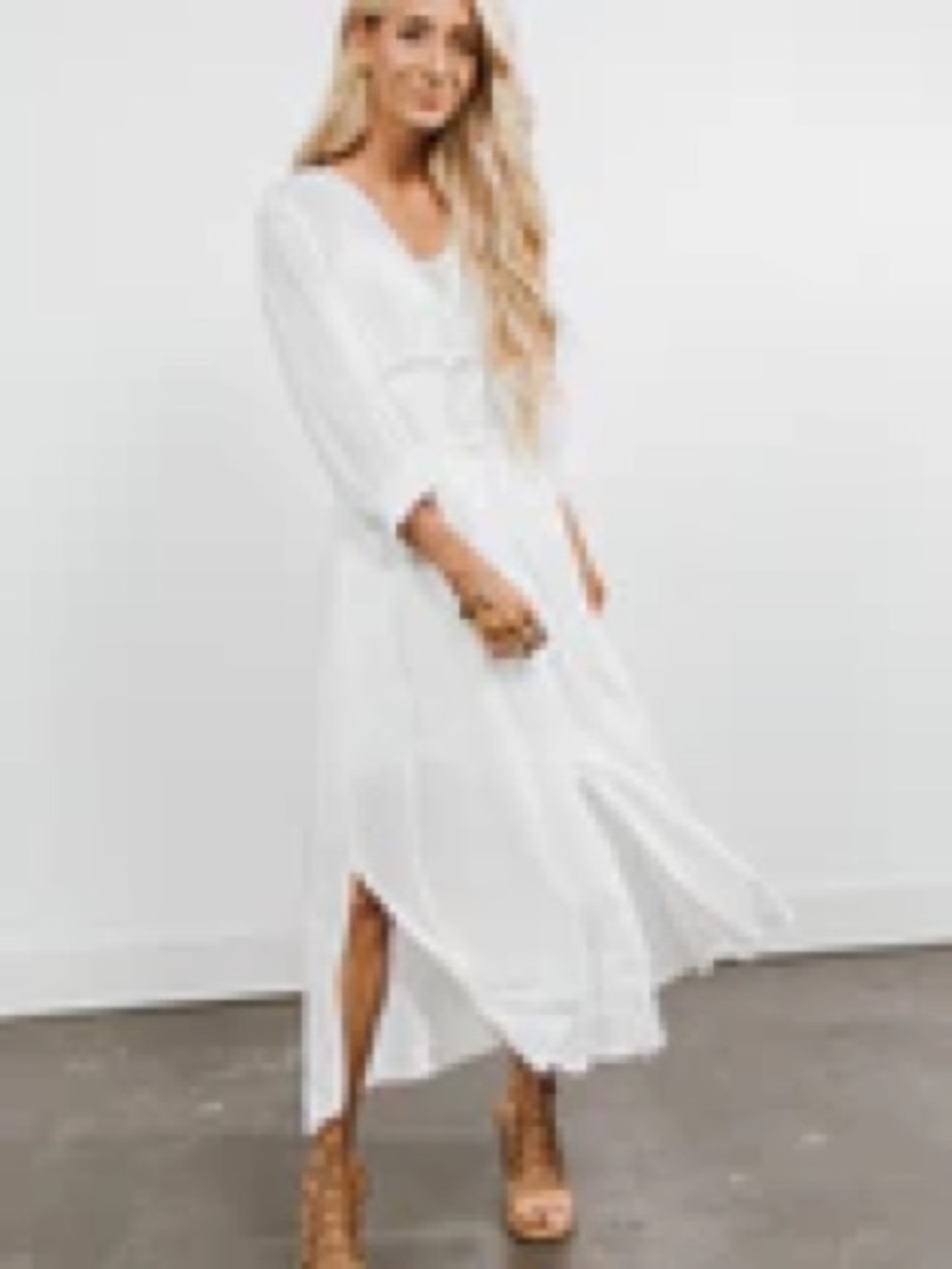 Stevie Hender White Smocked Waist Button Down Midi Dress with Side Slits - Picture 2 of 7